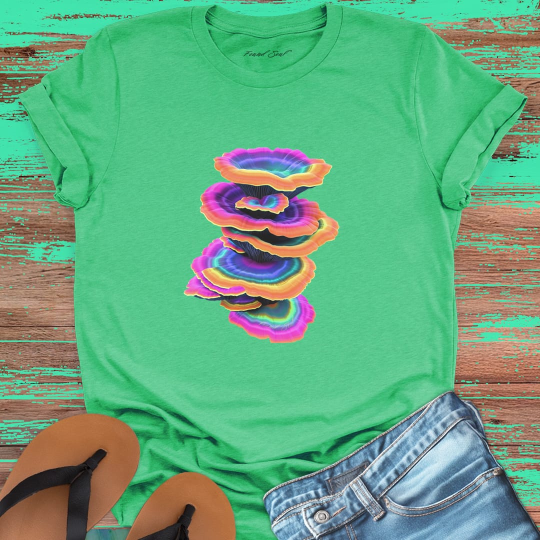 Vibrant stacked rainbow turkey tail mushrooms green t-shirt for layered growth shadow rising mushroom wisdom spiritual building light seeking nature