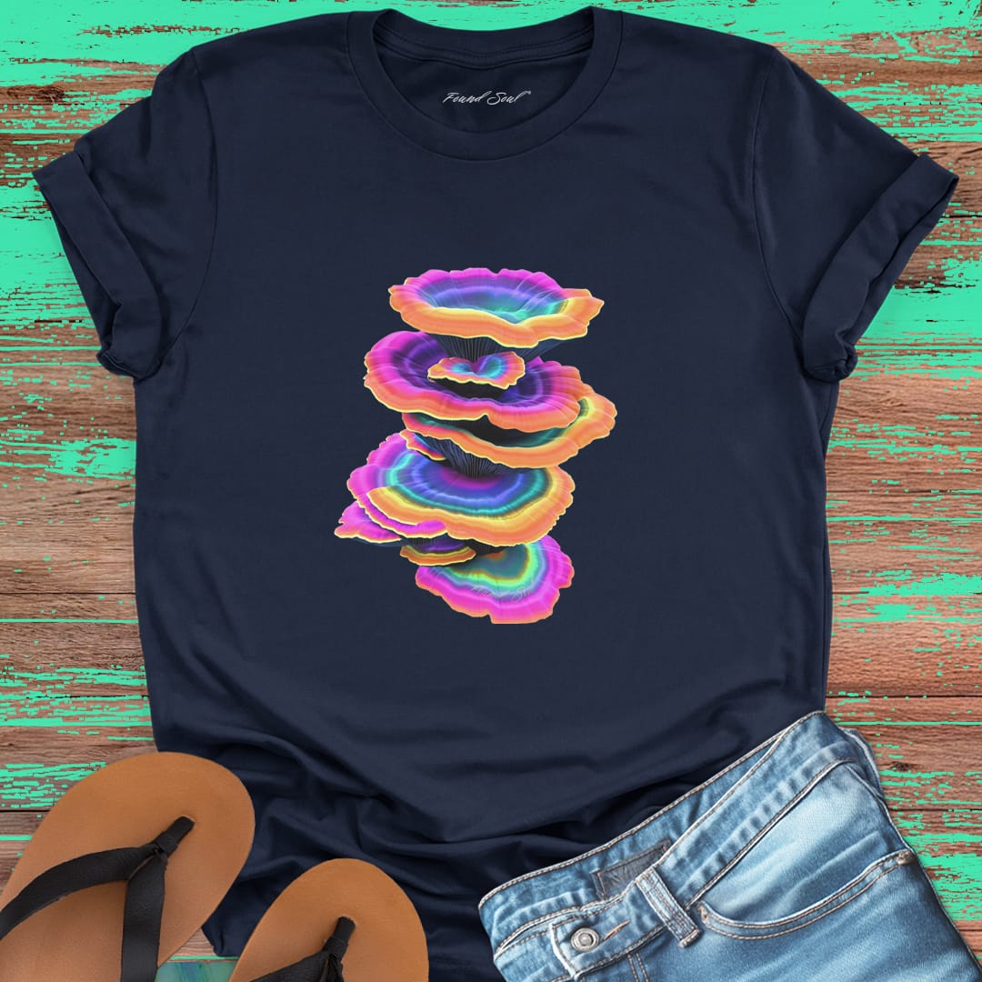 Vibrant stacked rainbow turkey tail mushrooms navy t-shirt for layered growth shadow rising mushroom wisdom spiritual building light seeking nature