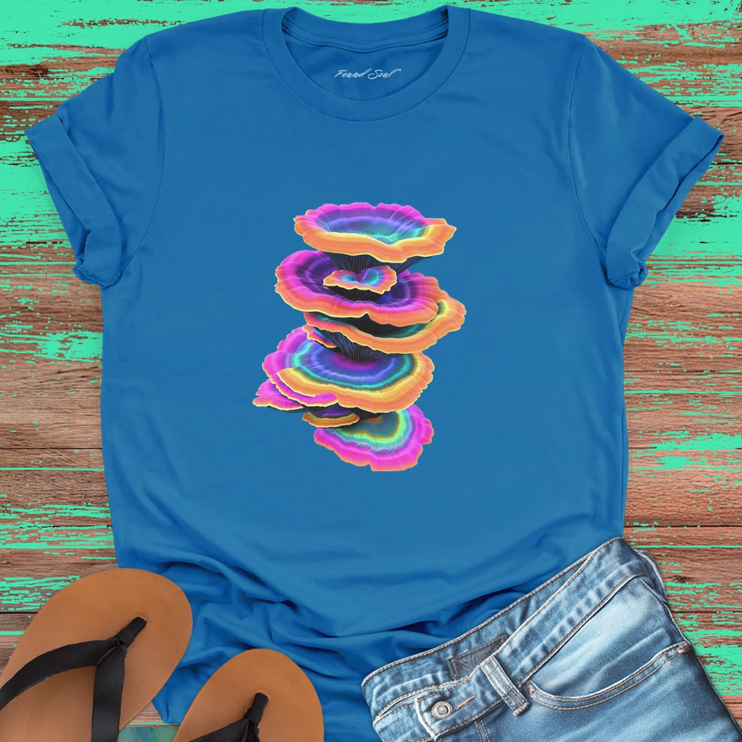 Vibrant stacked rainbow turkey tail mushrooms blue t-shirt for layered growth shadow rising mushroom wisdom spiritual building light seeking nature