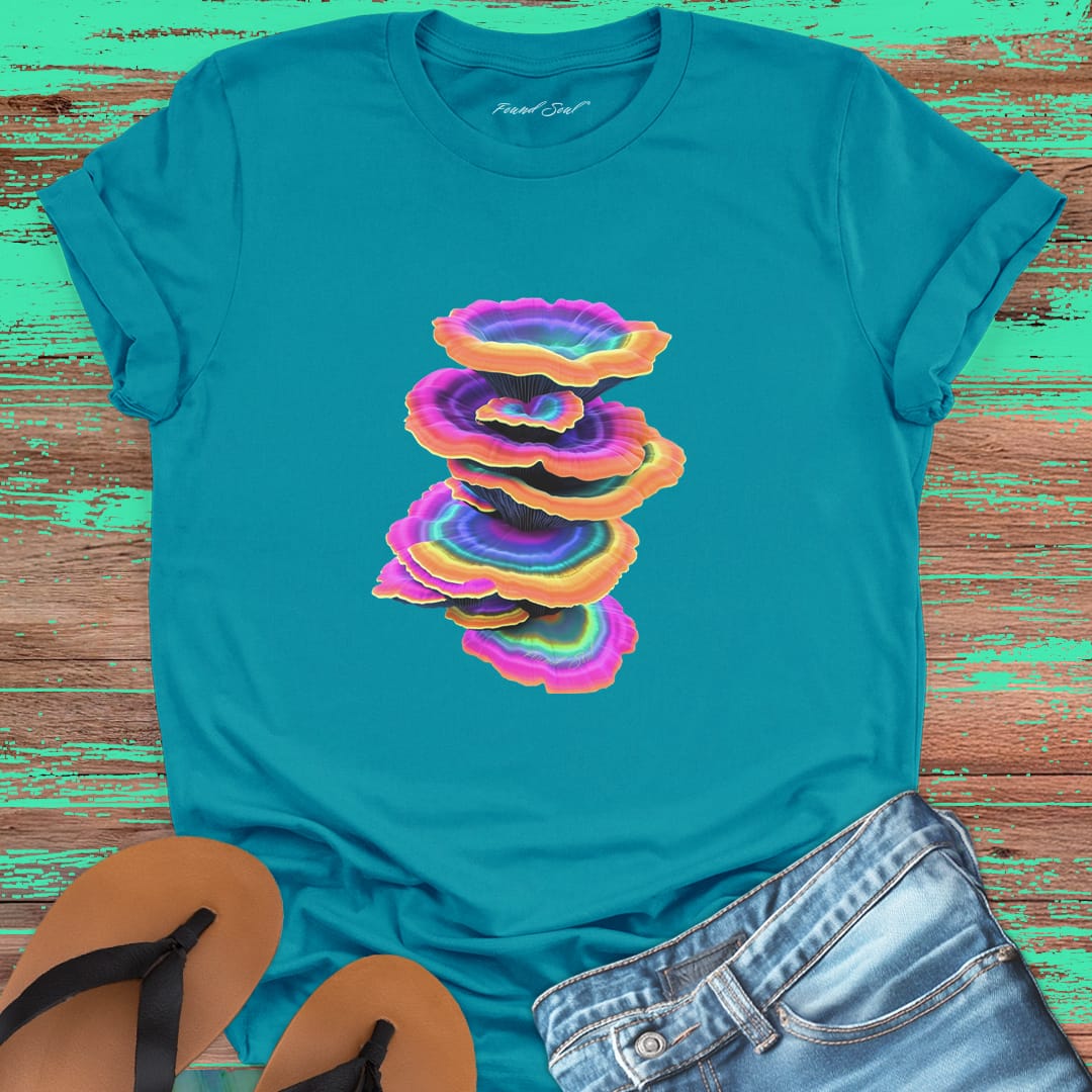 Vibrant stacked rainbow turkey tail mushrooms turquoise t-shirt for layered growth shadow rising mushroom wisdom spiritual building light seeking nature