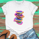 Vibrant stacked rainbow turkey tail mushrooms white t-shirt for layered growth shadow rising mushroom wisdom spiritual building light seeking nature
