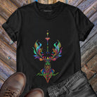 Green Man figure channeling cosmic energy download from above on black t-shirt for nature mysticism forest transmission