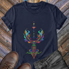 Green Man figure channeling cosmic energy download from above on navy t-shirt for nature mysticism forest transmission