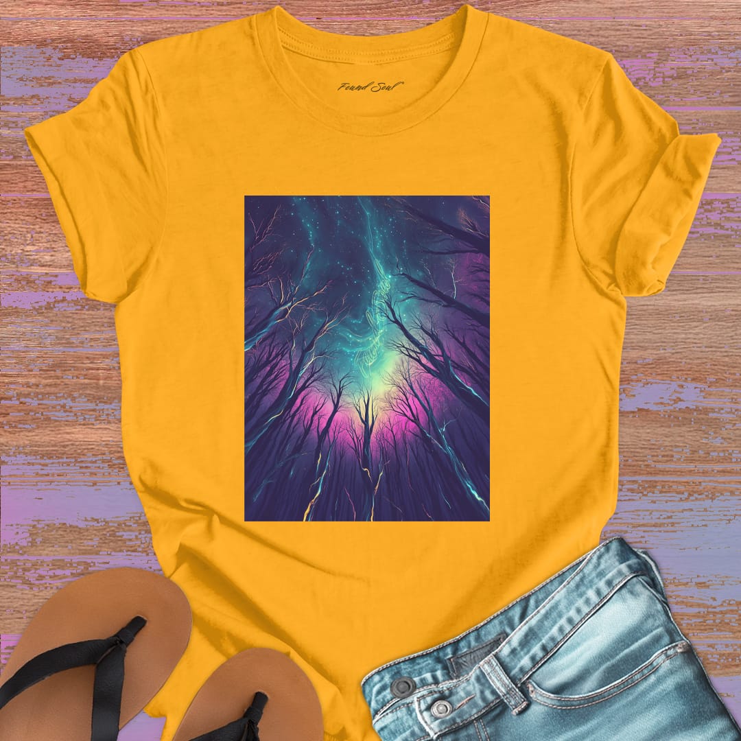 Cosmic mountain landscape with starry sky yellow t-shirt for wonder and perspective.
