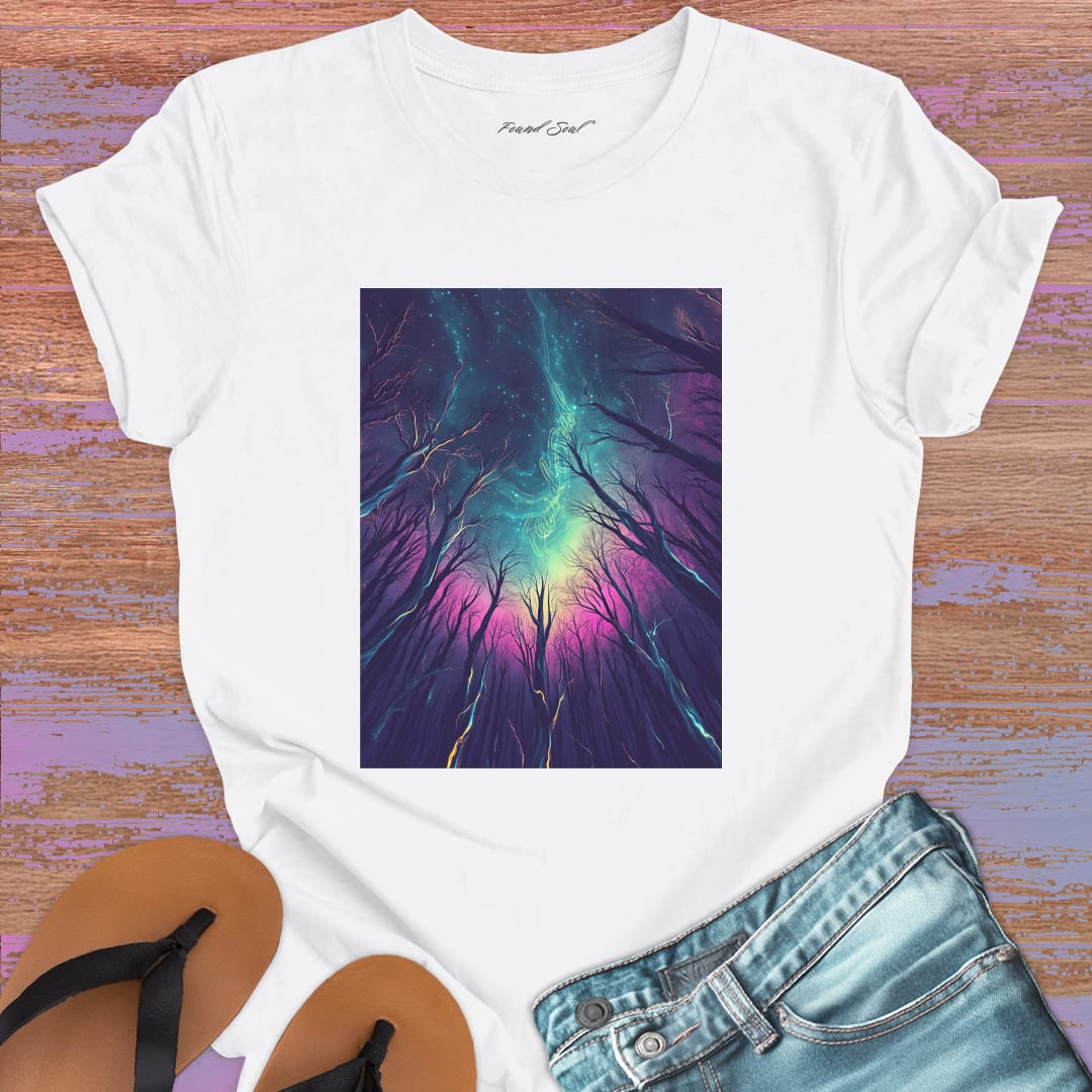 Cosmic mountain landscape with starry sky white t-shirt for wonder and perspective.