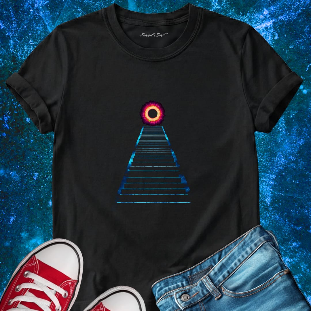 Cosmic portal through a star black t-shirt for thresholds and transformation.
