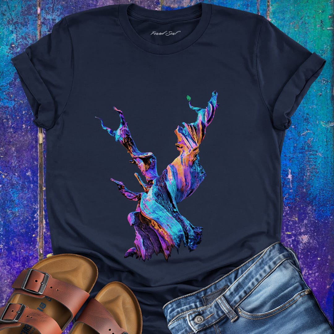 Vibrant iridescent weathered tree with one green leaf remaining navy t-shirt for survival resilience weathered strength proof of life spiritual endurance