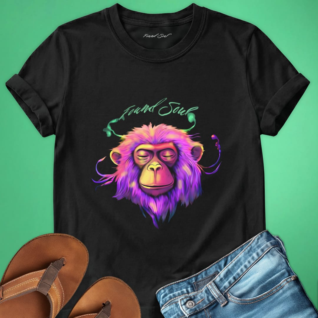 Vibrant pink purple monkey with closed eyes and stillness black t-shirt for meditation busy mind peace grounding spiritual rest