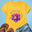Vibrant pink purple monkey with closed eyes and stillness yellow t-shirt for meditation busy mind peace grounding spiritual rest