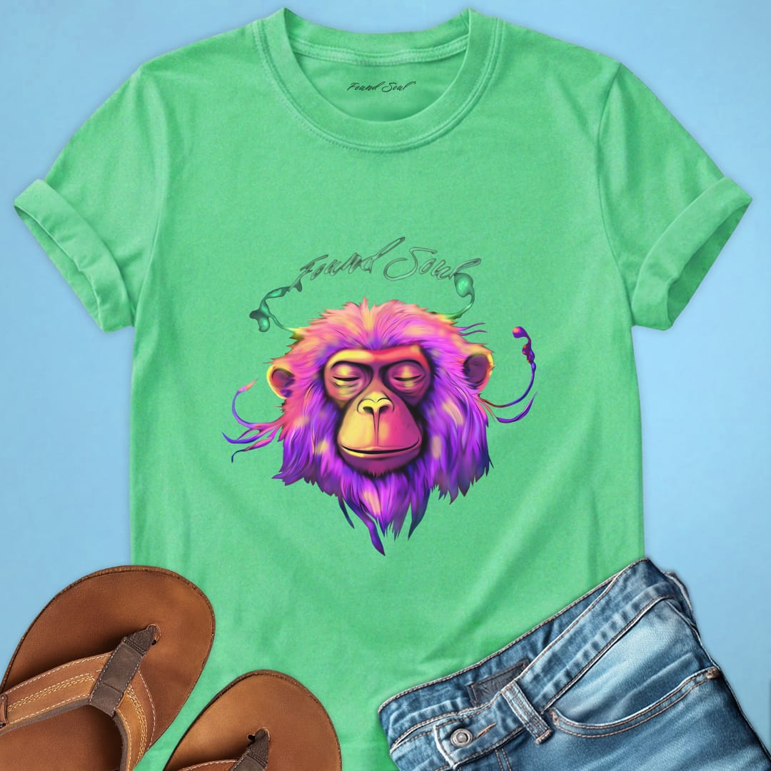 Vibrant pink purple monkey with closed eyes and stillness green t-shirt for meditation busy mind peace grounding spiritual rest