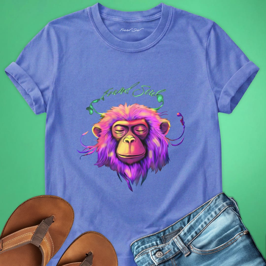 Vibrant pink purple monkey with closed eyes and stillness purple t-shirt for meditation busy mind peace grounding spiritual rest