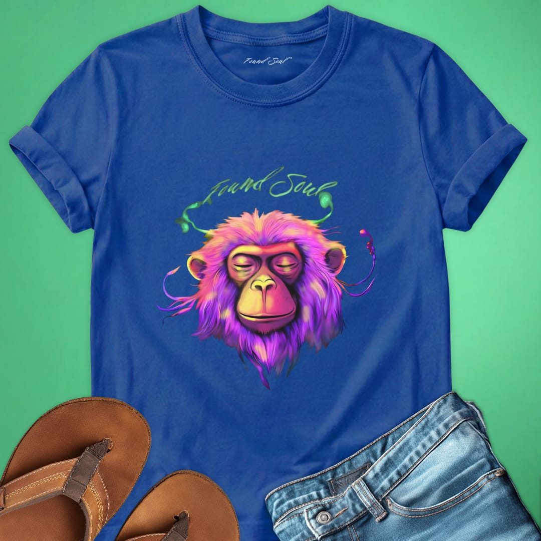 Vibrant pink purple monkey with closed eyes and stillness blue t-shirt for meditation busy mind peace grounding spiritual rest