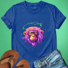 Vibrant pink purple monkey with closed eyes and stillness blue t-shirt for meditation busy mind peace grounding spiritual rest
