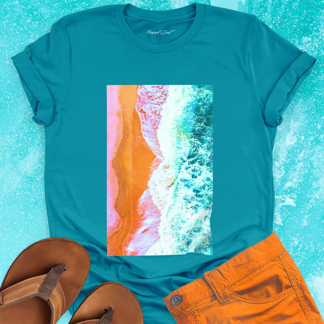 Beach and waves surf blend turquoise t-shirt for healing and coastal peace.