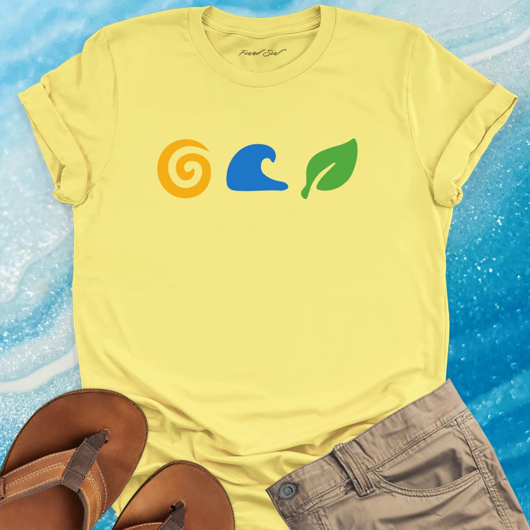 Sun wave leaf symbols yellow t-shirt for elemental wisdom and nature teachings.