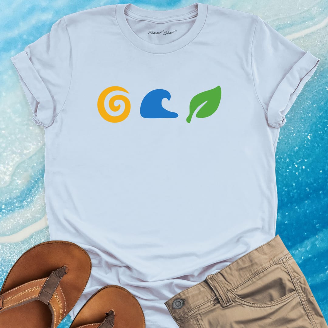 Sun wave leaf symbols light blue t-shirt for elemental wisdom and nature teachings.