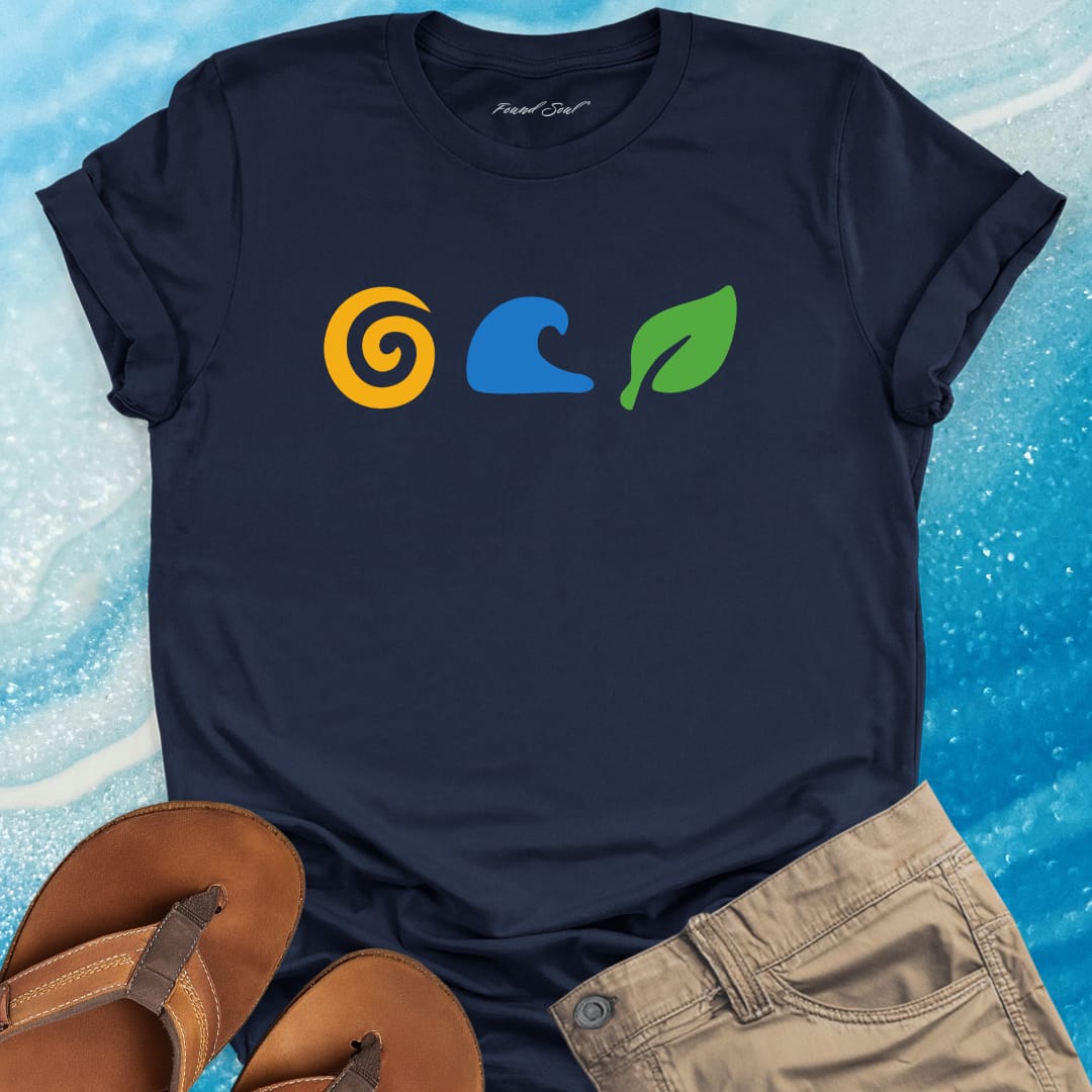 Sun wave leaf symbols navy t-shirt for elemental wisdom and nature teachings.