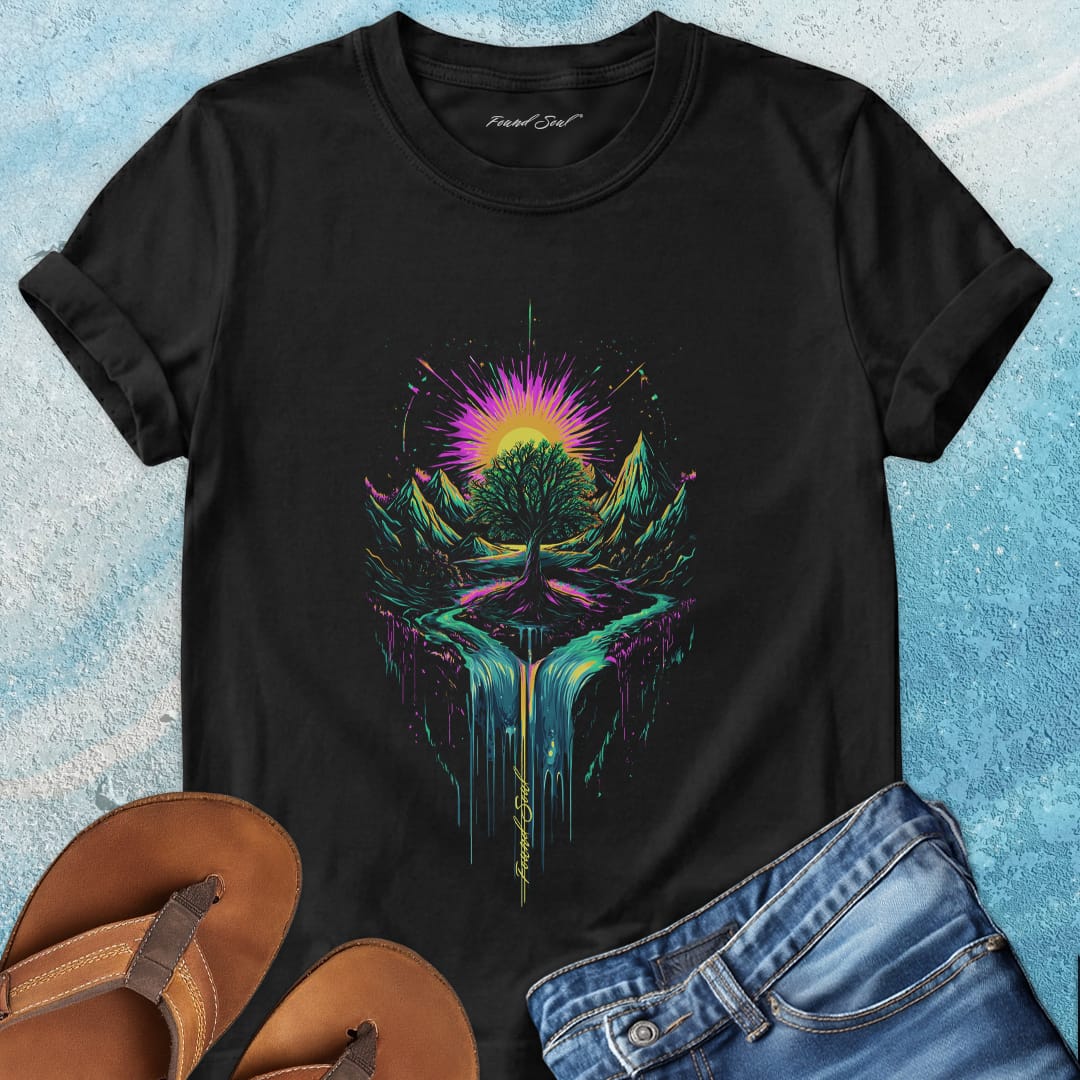 Cosmic tree of life with roots mountains and sunset black t-shirt for grounding and expansion.