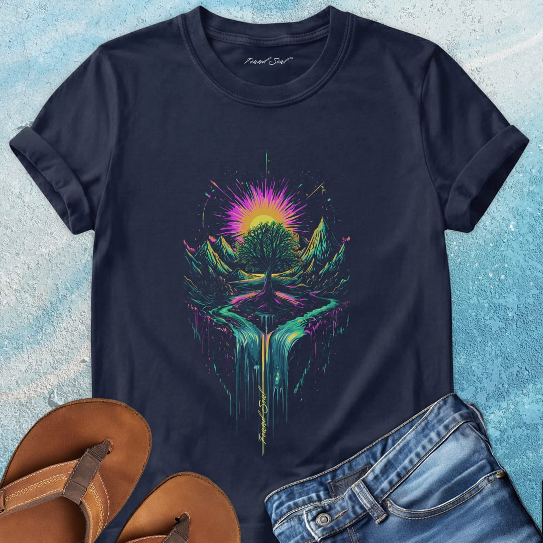 Cosmic tree of life with roots mountains and sunset navy t-shirt for grounding and expansion.