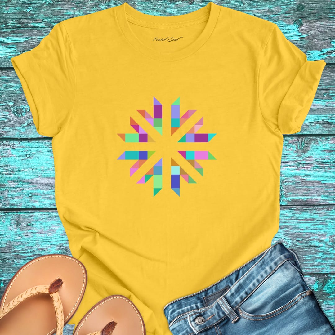 Vibrant geometric starburst radiating on yellow t-shirt for color frequency sacred geometry visual harmony