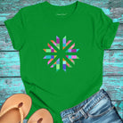 Vibrant geometric starburst radiating on green t-shirt for color frequency sacred geometry visual harmony
