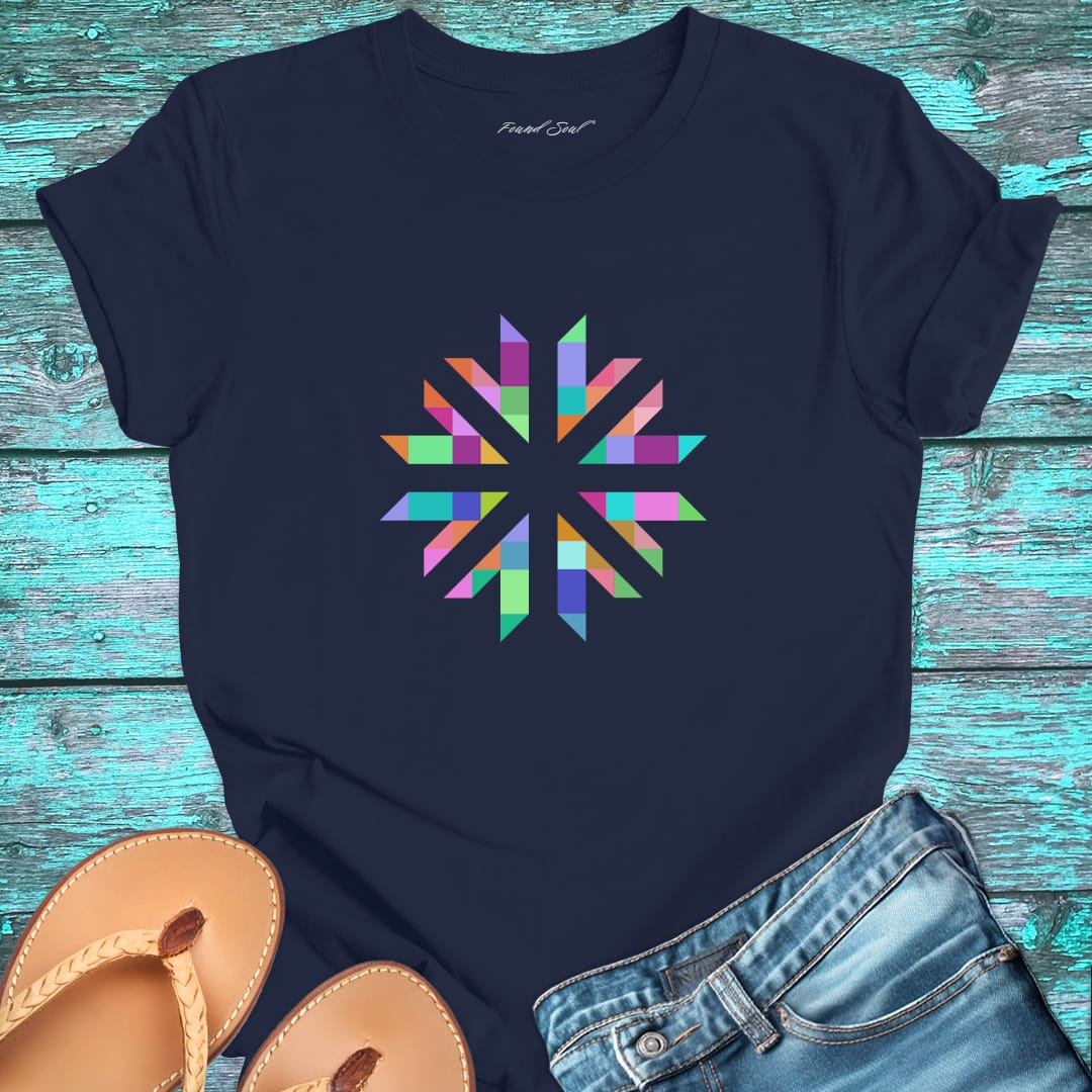 Vibrant geometric starburst radiating on navy t-shirt for color frequency sacred geometry visual harmony