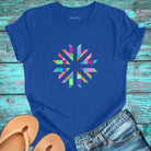 Vibrant geometric starburst radiating on blue t-shirt for color frequency sacred geometry visual harmony