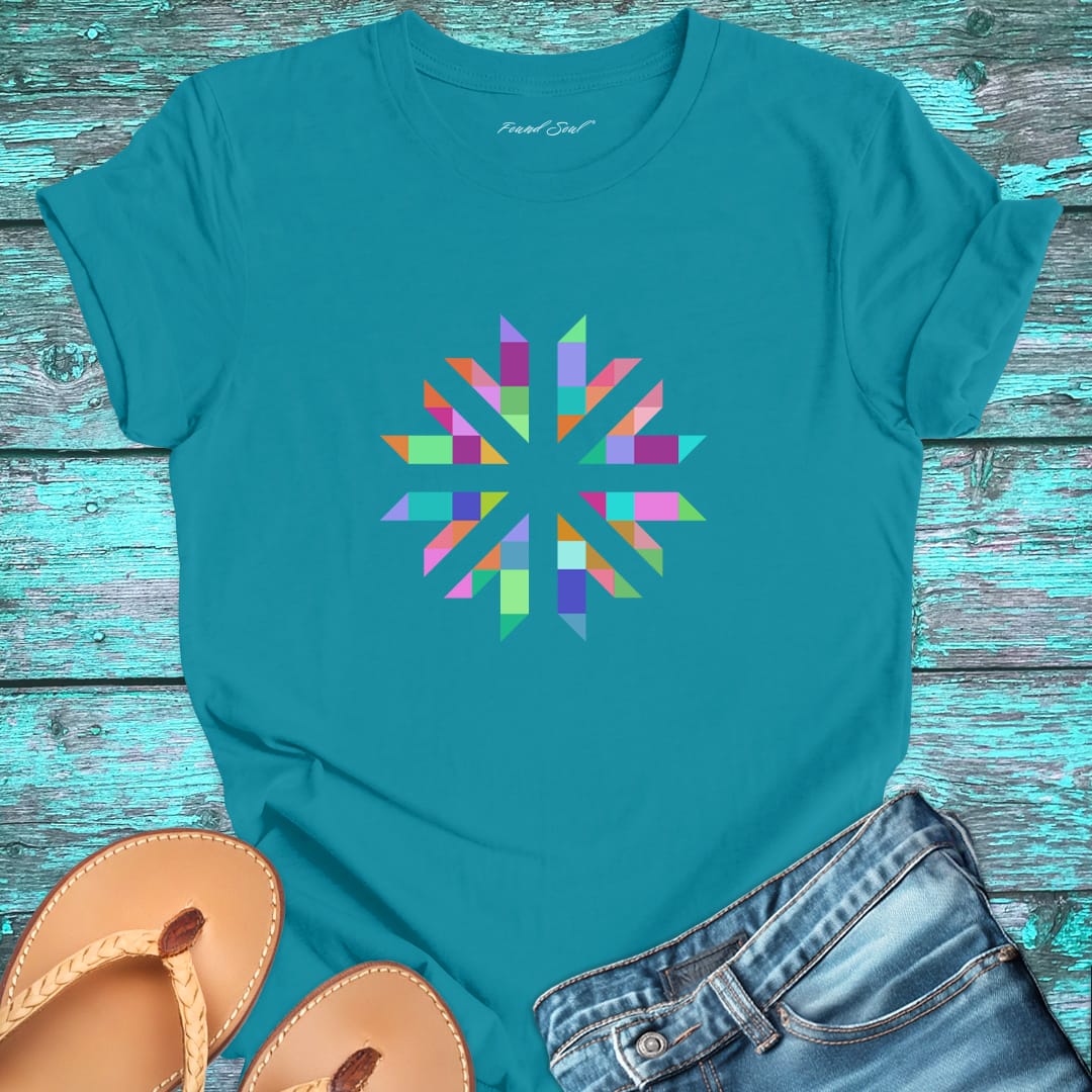 Vibrant geometric starburst radiating on turquoise t-shirt for color frequency sacred geometry visual harmony