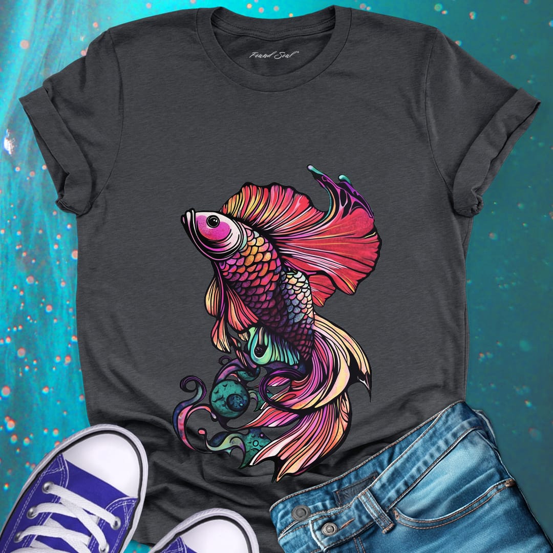 Betta fish with flowing fins grey t-shirt for water dance graceful resistance flow adjustment spiritual movement