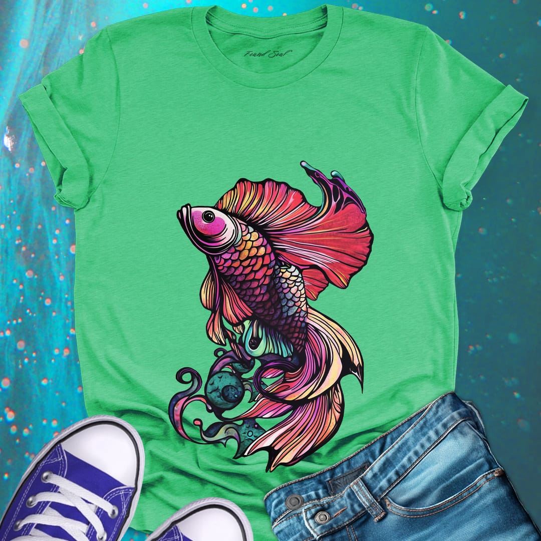 Betta fish with flowing fins green t-shirt for water dance graceful resistance flow adjustment spiritual movement