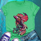 Betta fish with flowing fins green t-shirt for water dance graceful resistance flow adjustment spiritual movement