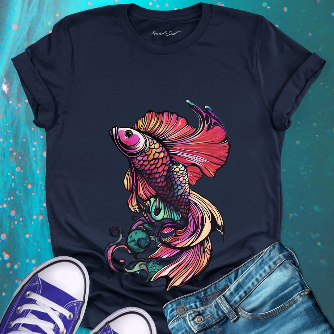 Betta fish with flowing fins navy t-shirt for water dance graceful resistance flow adjustment spiritual movement