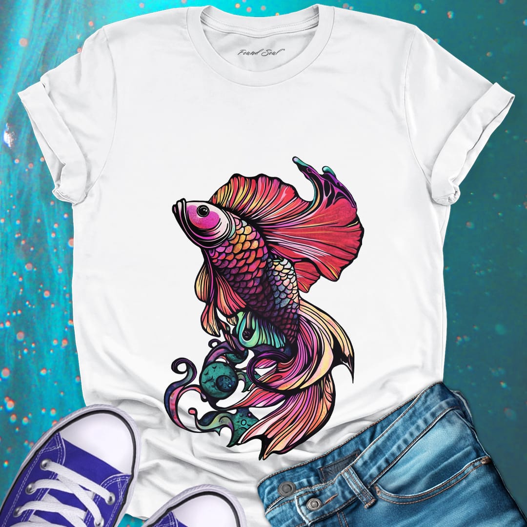 Betta fish with flowing fins white t-shirt for water dance graceful resistance flow adjustment spiritual movement
