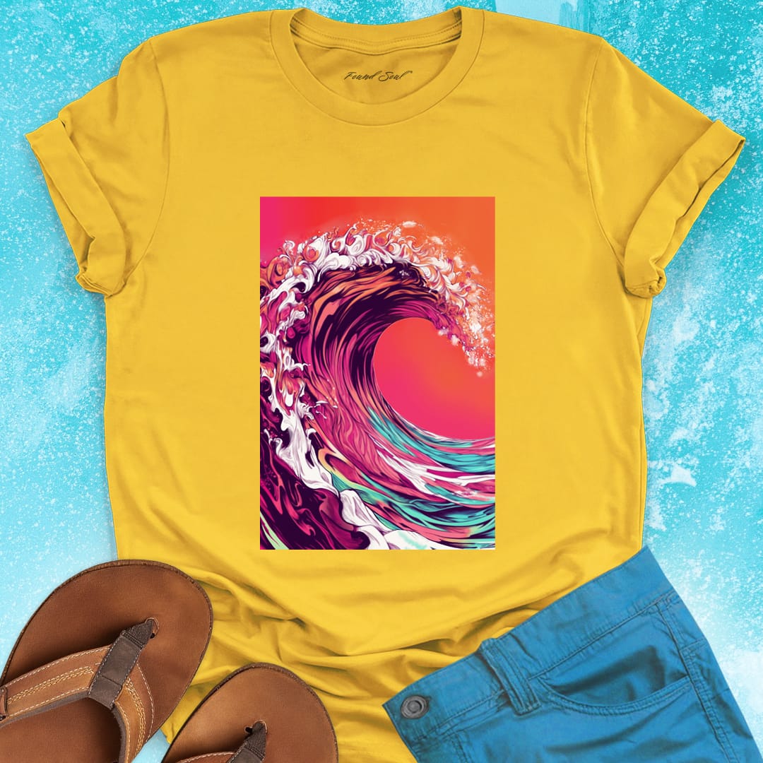 Magenta coral turquoise wave sunset yellow t-shirt for ocean raw power and constant rhythm.