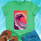 Magenta coral turquoise wave sunset green t-shirt for ocean raw power and constant rhythm.