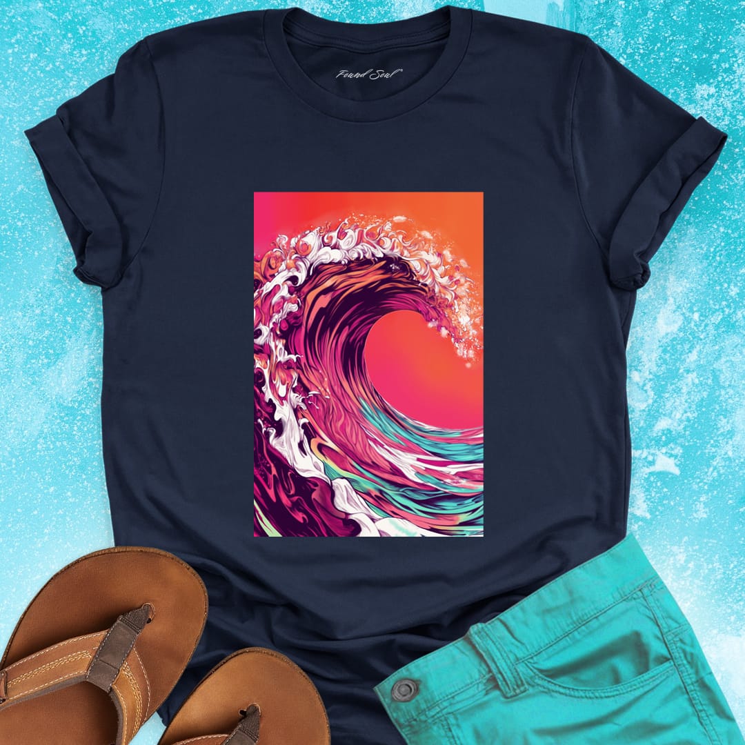 Magenta coral turquoise wave sunset navy t-shirt for ocean raw power and constant rhythm.