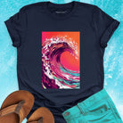 Magenta coral turquoise wave sunset navy t-shirt for ocean raw power and constant rhythm.