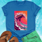 Magenta coral turquoise wave sunset blue t-shirt for ocean raw power and constant rhythm.