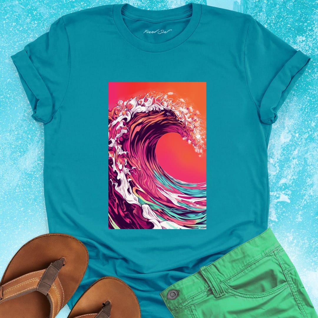 Magenta coral turquoise wave sunset turquoise t-shirt for ocean raw power and constant rhythm.