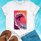 Magenta coral turquoise wave sunset white t-shirt for ocean raw power and constant rhythm.