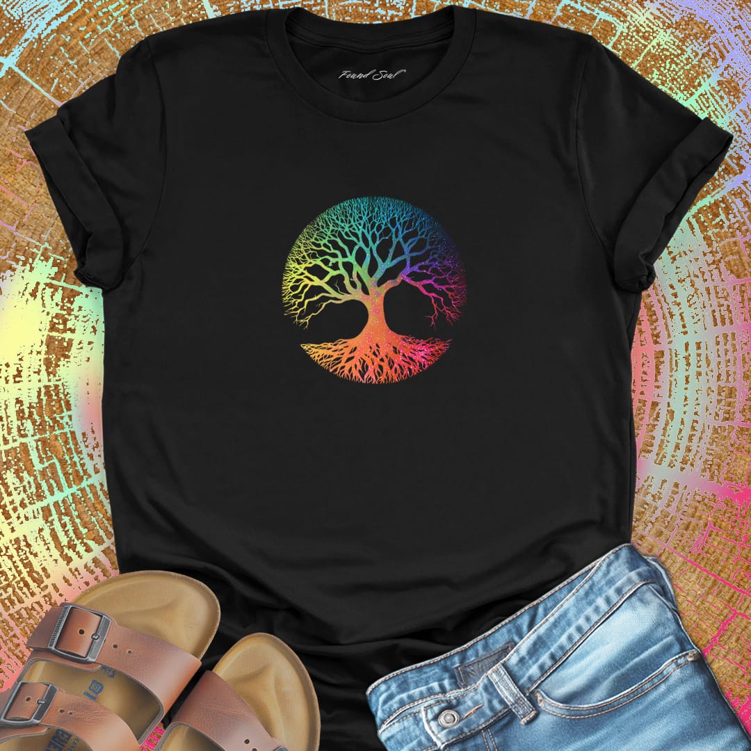 Rainbow starry tree of life black t-shirt for balance equal growth root and branch spiritual grounding harmony
