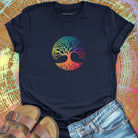 Rainbow starry tree of life navy t-shirt for balance equal growth root and branch spiritual grounding harmony