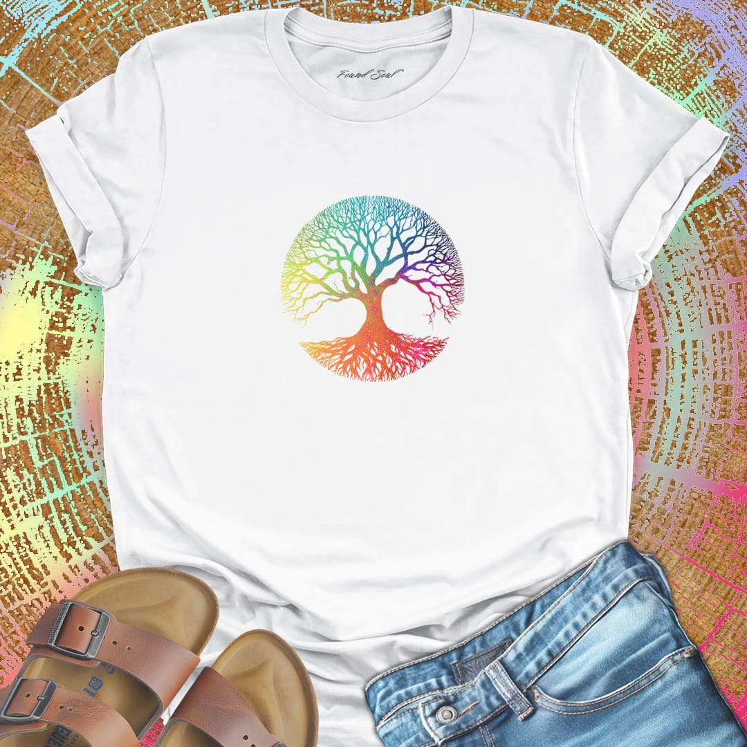 Rainbow starry tree of life white t-shirt for balance equal growth root and branch spiritual grounding harmony