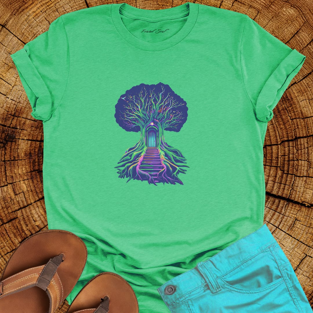 Tree of passage green t-shirt for transformation seekers. Celebrating rooting and rising.