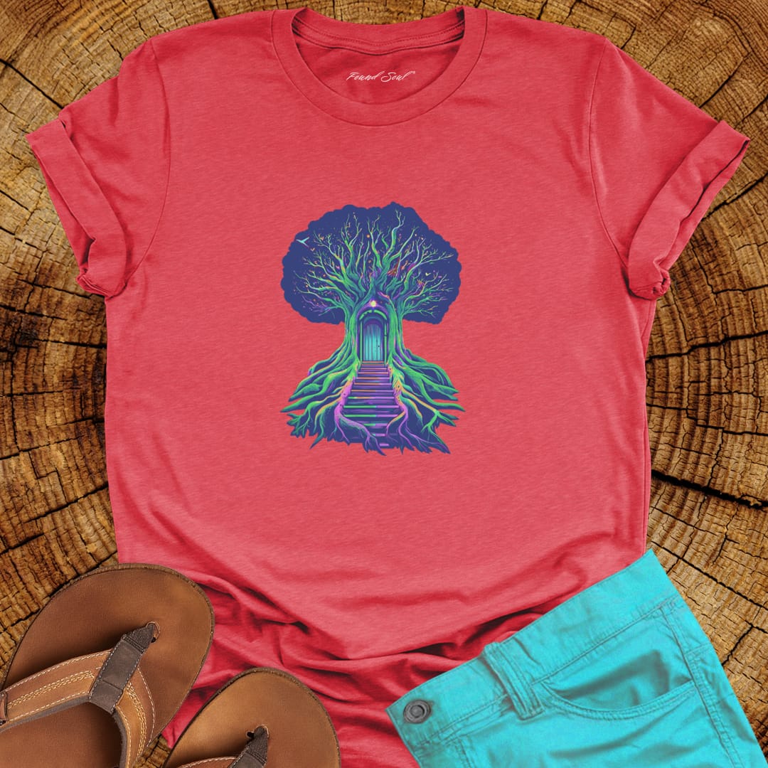 Tree of passage red t-shirt for transformation seekers. Celebrating rooting and rising.