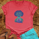 Tree of passage red t-shirt for transformation seekers. Celebrating rooting and rising.