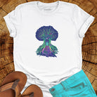Tree of passage white t-shirt for transformation seekers. Celebrating rooting and rising.