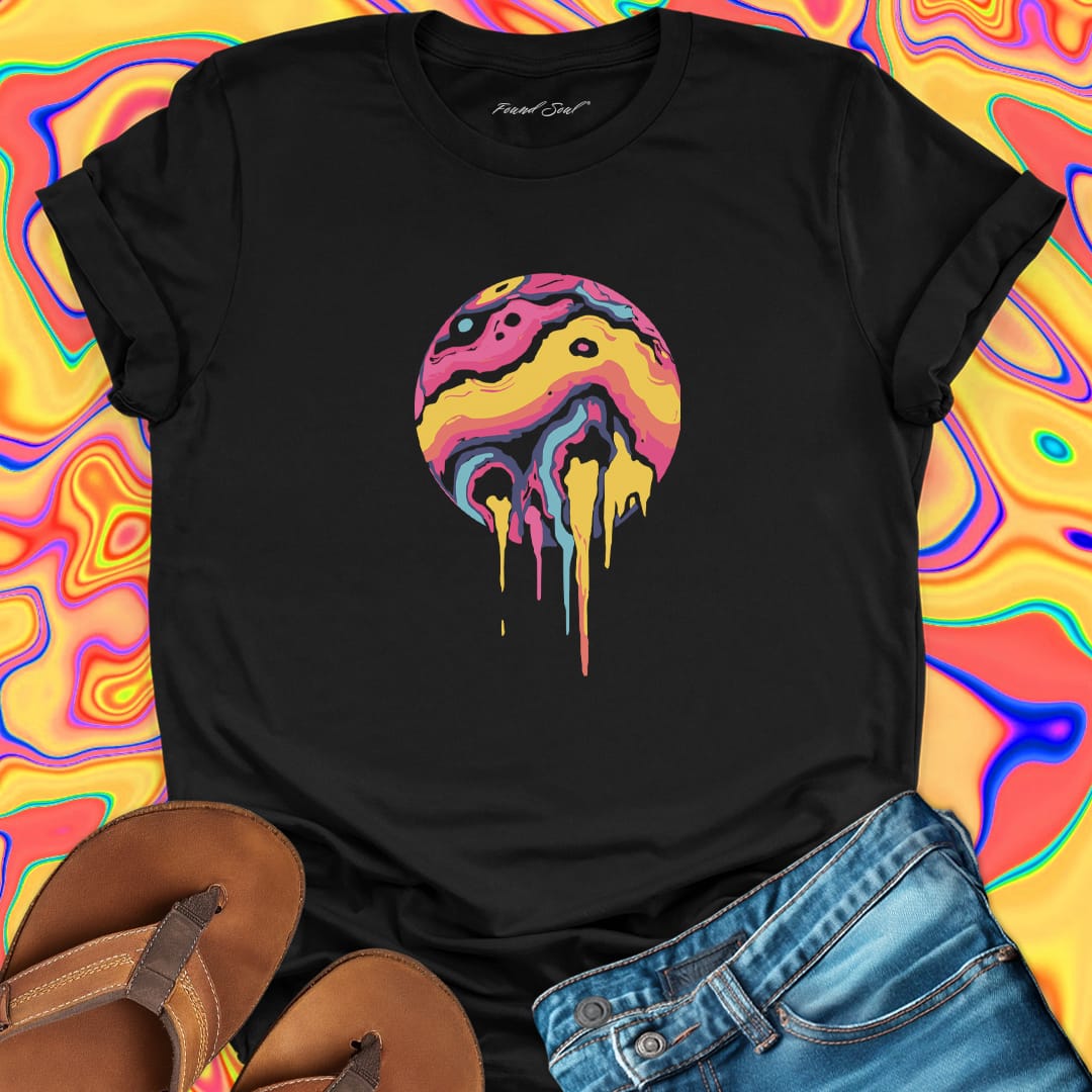 Dripping planet black t-shirt for nonconformity and creative rebellion.