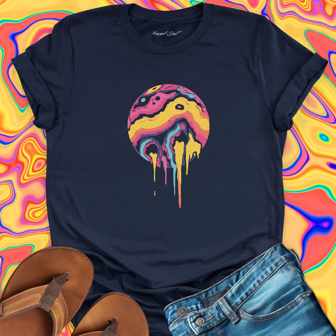 Dripping planet navy t-shirt for nonconformity and creative rebellion.