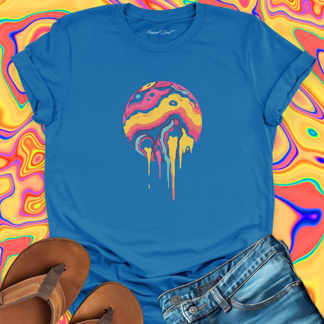 Dripping planet blue t-shirt for nonconformity and creative rebellion.